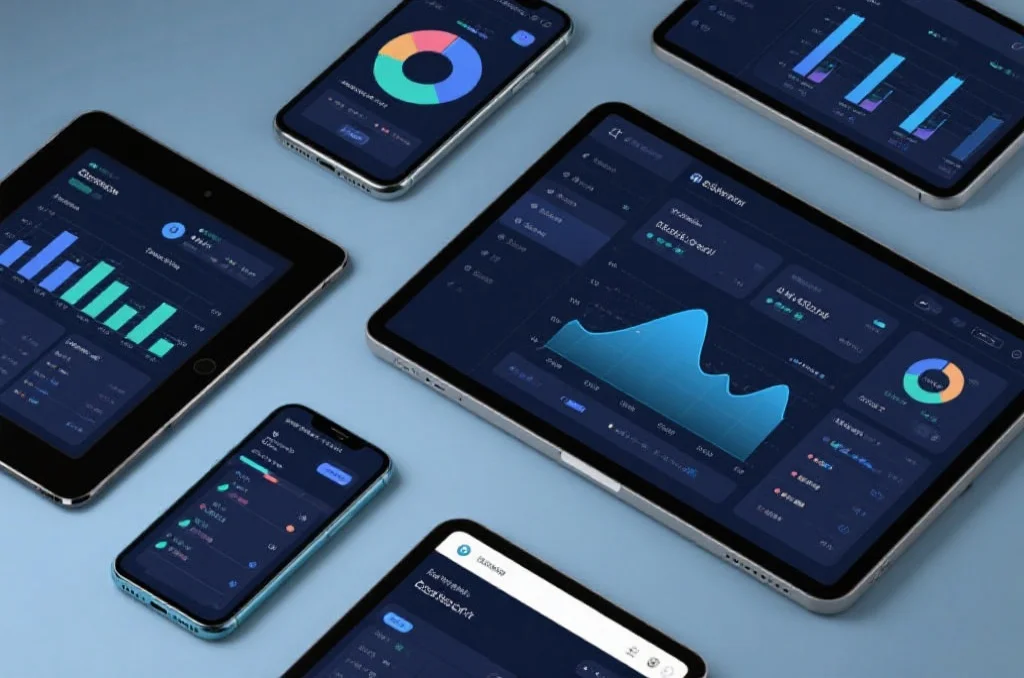 多种智能设备（手机、平板、笔记本）上同时展示一个现代化数据分析应用的界面