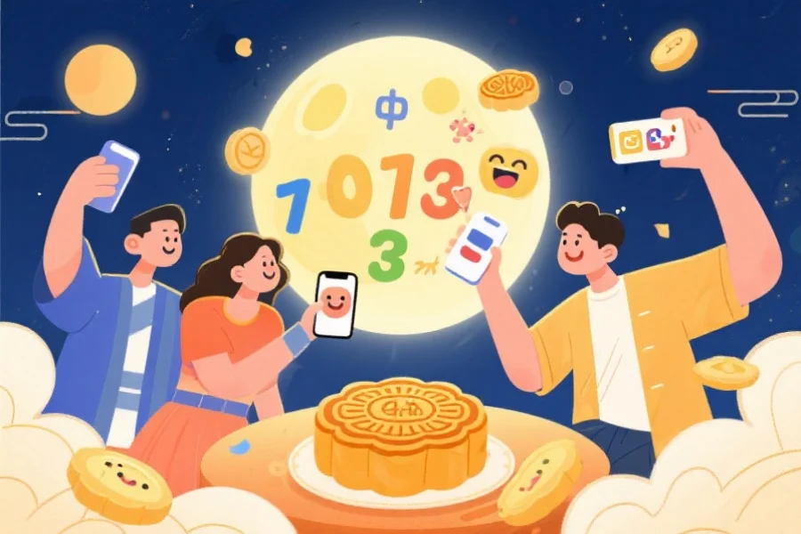 中秋节期间,年轻人在社交平台上用创意数字和表情互动,配以满月与月饼元素的现代插画